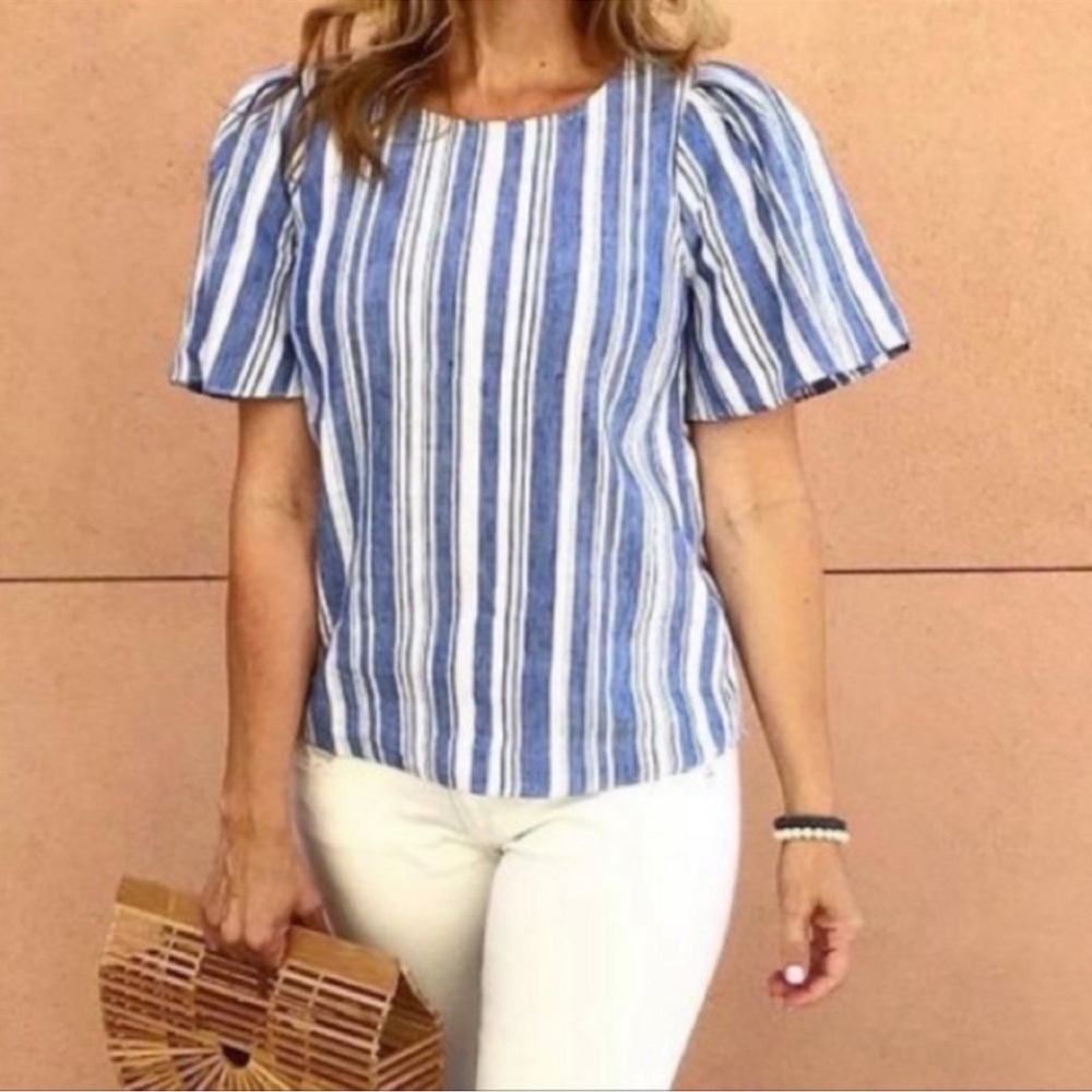 Cabi 5343 Blue White Striped Linen Blend Wing Top Short Sleeve Womens Small